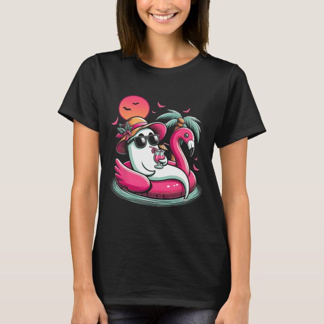 Camiseta Fantasma Em Lifebuoy Flamingo Num Verão De Piscina (Frente)