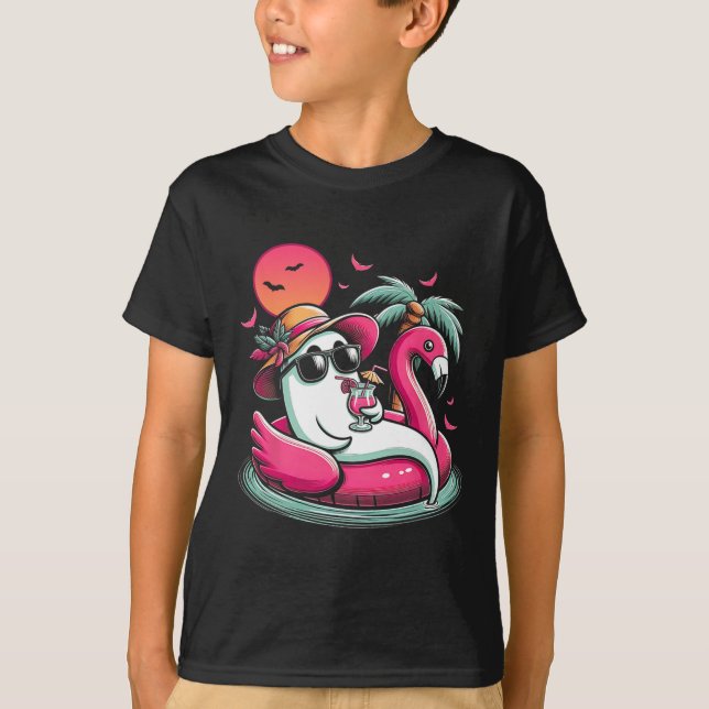 Camiseta Fantasma Em Lifebuoy Flamingo Num Verão De Piscina (Frente)
