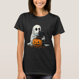 Camiseta Fantasma Engraçado Com Gato Preto E Jack O Lantern
