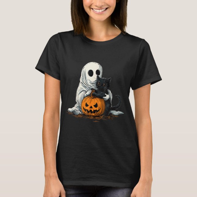 Camiseta Fantasma Engraçado Com Gato Preto E Jack O Lantern (Frente)