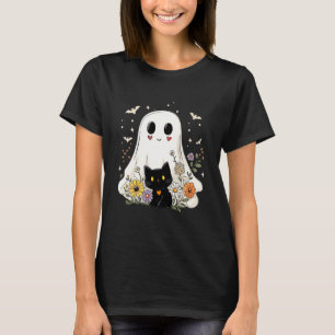 Camiseta Fantasma Floral Gato Preto Fantasia de Halloween p
