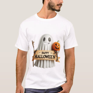 Camiseta Fantasma Fofo 3D com Placa de Feliz Halloween e Ab