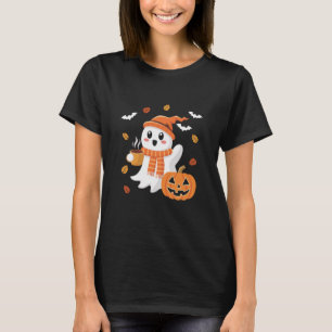Camiseta Fantasma Fofo Bebendo Café Gelado Halloween