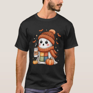 Camiseta Fantasma Fofo Bebendo Café Halloween Remendo Gho
