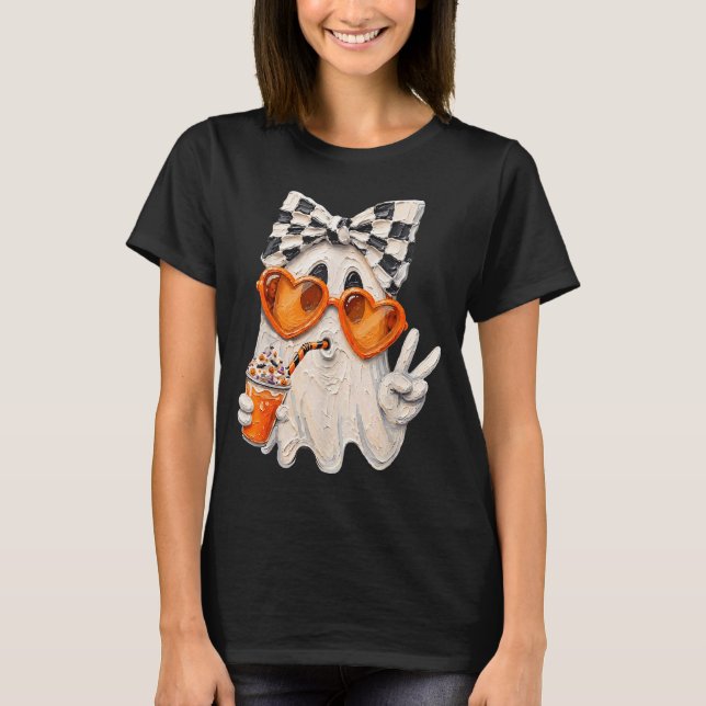 Camiseta Fantasma fofo bebendo latte de abóbora meme hallow (Frente)