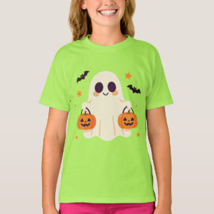 Camiseta Fantasma Fofo Carregando Baldes de Abóbora