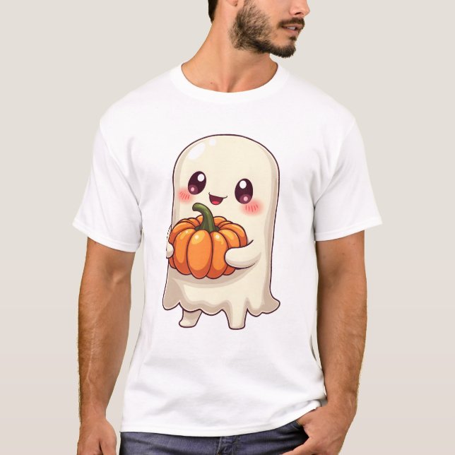 Camiseta Fantasma Fofo com Abóbora � Halloween Divertido (Frente)