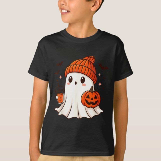 Camiseta Fantasma Fofo com Boné de Abóbora e Café (Frente)