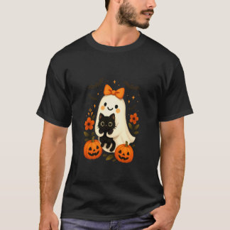 Camiseta Fantasma Fofo com Laço Segurando Abóboras de Gato 