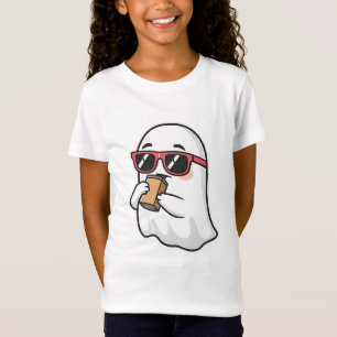 Camiseta Fantasma Fofo com Óculos de Sol Bebendo Café Gelad