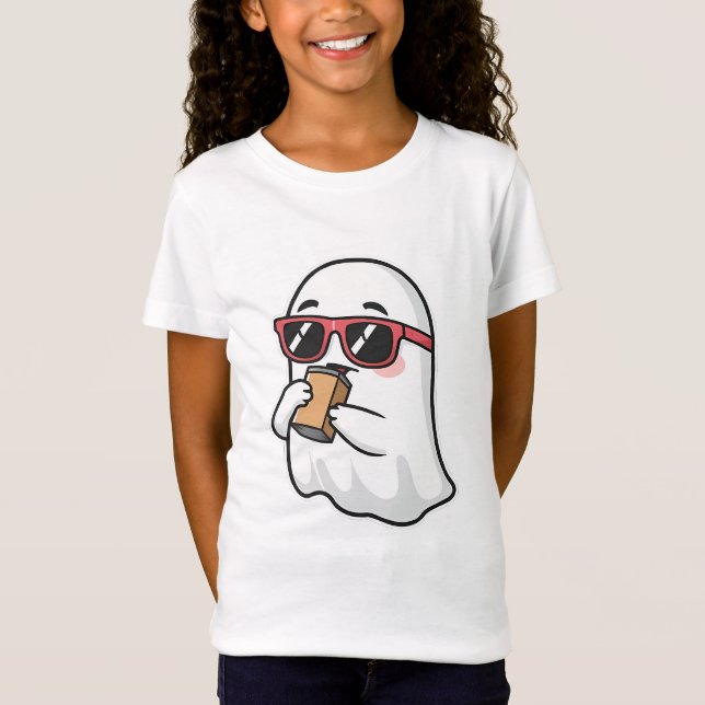 Camiseta Fantasma Fofo com Óculos de Sol Bebendo Café Gelad (Frente)