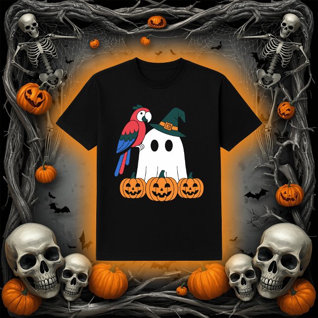 Camiseta Fantasma Fofo com Papagaio Pirata de Halloween (Criador carregado)