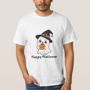Camiseta Fantasma fofo do feliz Halloween segurando abóbora