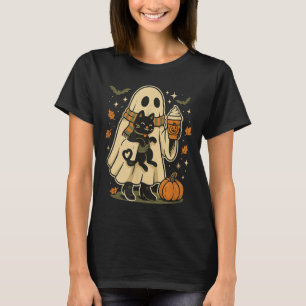 Camiseta Fantasma Fofo E Gato Preto Abóbora Café Halloween