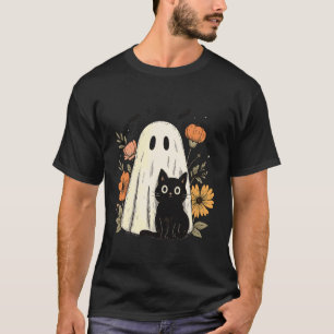 Camiseta Fantasma Fofo e Gato Preto Floral de Halloween Ret