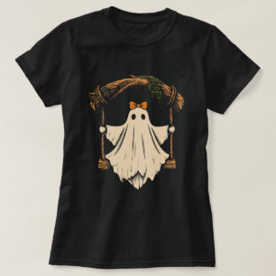 Camiseta fantasma fofo em balanço com laço halloween mulher