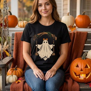 Camiseta fantasma fofo em balanço com laço halloween mulher