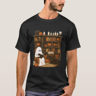 Camiseta Fantasma Fofo Lendo com Gato Preto Aconchegante Ha