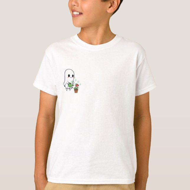 Camiseta Fantasma Fofo Regando Flores Crianças (Frente)