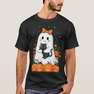 Camiseta Fantasma Fofo Segurando Abóboras de Gato Preto Out