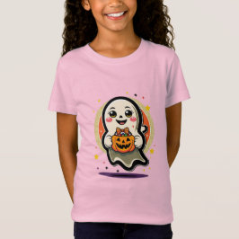 Camiseta Fantasma Fofo Segurando Balde de Doces de Abóbora