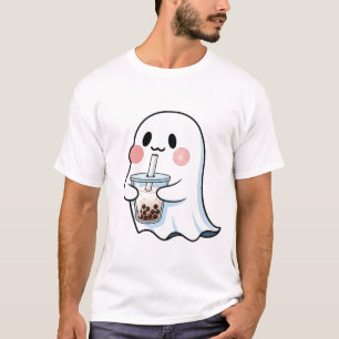 Camiseta Fantasma Fofo Segurando Chá de Bolhas Boba Tea Kaw