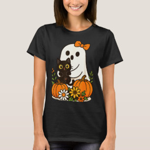 Camiseta Fantasma Fofo Segurando Gato Preto Floral Groovy