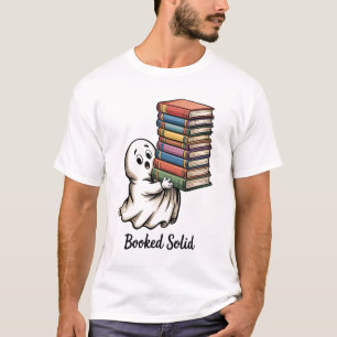 Camiseta Fantasma Fofo Segurando uma Pilha Alta de Livros