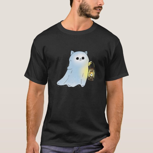 Camiseta Fantasma Gato Bonito Com Lanterna Spook Hallowee (Frente)