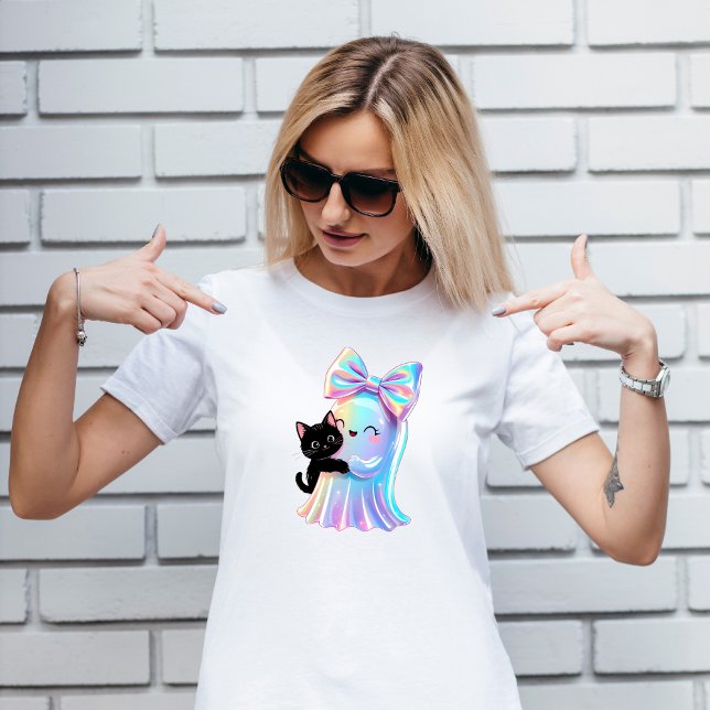Camiseta Fantasma Iridescente e Gato Negro, Gato Bonito, Di (Cute Holographic Ghost & Black Cat T-Shirt Spooky Season Style)