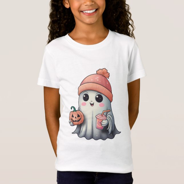 Camiseta Fantasma Kawaii segurando abóbora e bebida (Frente)