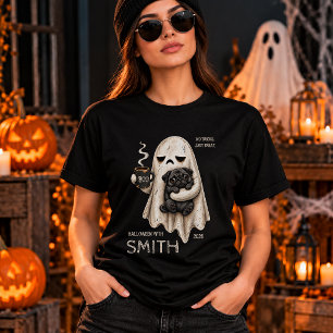 Camiseta Fantasma Mal-Humorado Segurando Cachorro Pug Preto