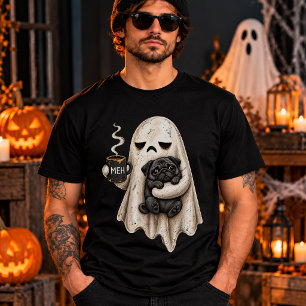 Camiseta Fantasma Mal-Humorado Segurando Cachorro Pug Preto