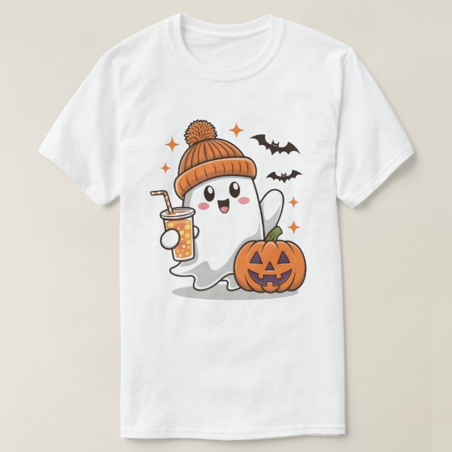Camiseta Fantasma, Morcegos, Abóbora E Bebida, Feliz Hallow (Frente do Design)