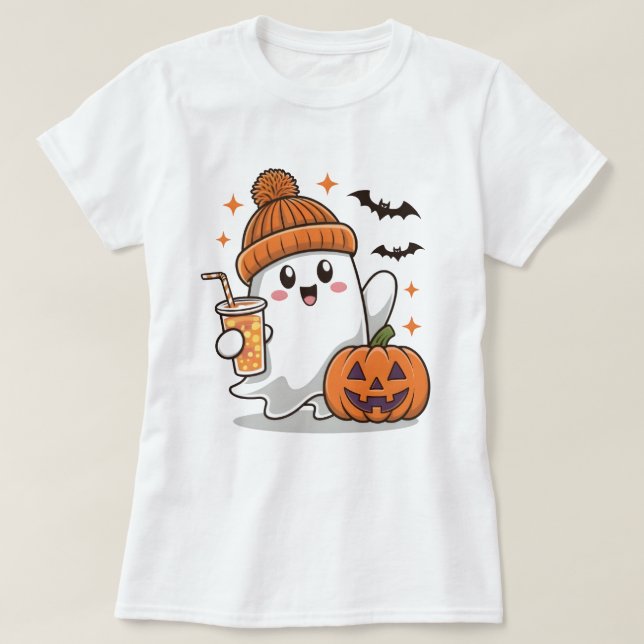 Camiseta Fantasma, Morcegos, Abóbora E Bebida, Feliz Hallow (Frente do Design)