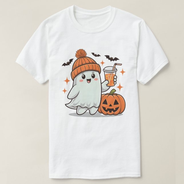 Camiseta Fantasma, Morcegos, Abóbora E Bebida, Feliz Hallow (Frente do Design)