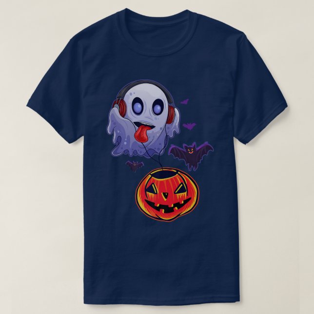 Camiseta Fantasma Ouve Música Pumpkin Halloween Costume Men (Frente do Design)