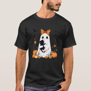 Camiseta Fantasma segurando gato preto Floral de abóbora de
