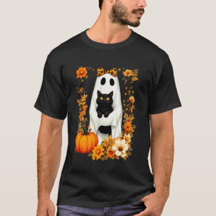 Camiseta Fantasma segurando gato preto Halloween Amantes de