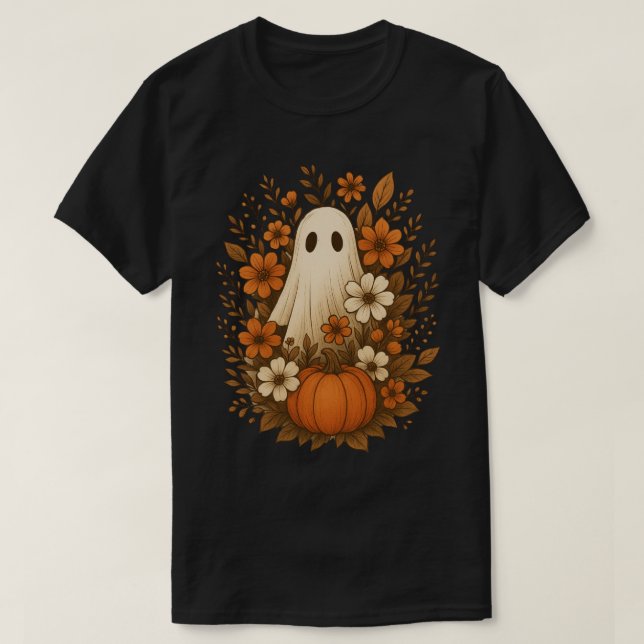 Camiseta Fantasma Spooky cercado por Florais de outono (Frente do Design)