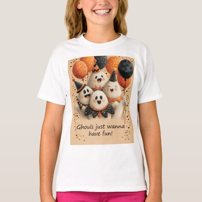 Camiseta Fantasmas bonitos do Halloween com texto (Frente)