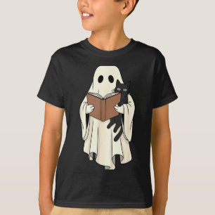 Camiseta Fantasmas e Gato Preto Lendo no Halloween