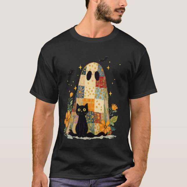 Camiseta Fantasmas e Gatos de Halloween em Patchwork Flor R (Frente)