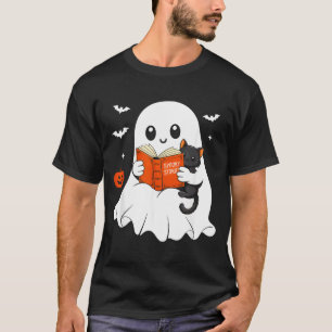 Camiseta Fantasmas Lendo Livro Gato Preto Fantasia de Hallo