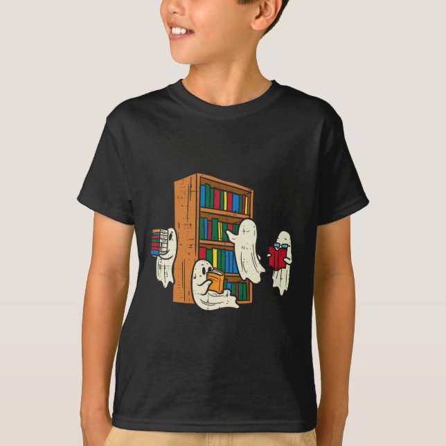Camiseta Fantasmas Lendo Livros Professor Halloween Bibliot (Frente)