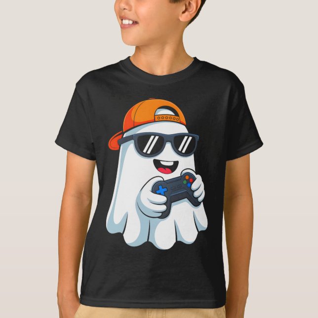 Camiseta Fantástico Fantasma Jogando Vídeo Jogo Halloween J (Frente)