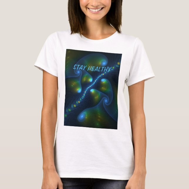 Camiseta Fantasy Abstrato Azul Verde Amarelo Texto Fractal (Frente)