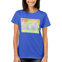 Fantasy dbl City Scape mulheres moças t-shirt azul