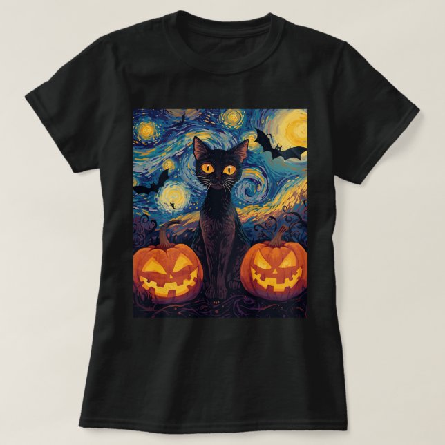Camiseta Fantasy Halloween Cat e Pumpkin Scene (Frente do Design)