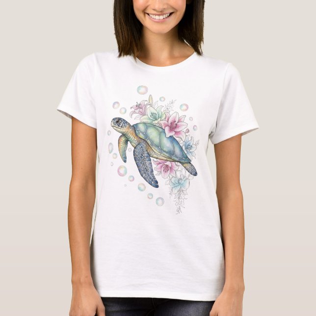 Camiseta Fantasy Sea Turtle with Flowers and Pearlescent Bu (Frente)